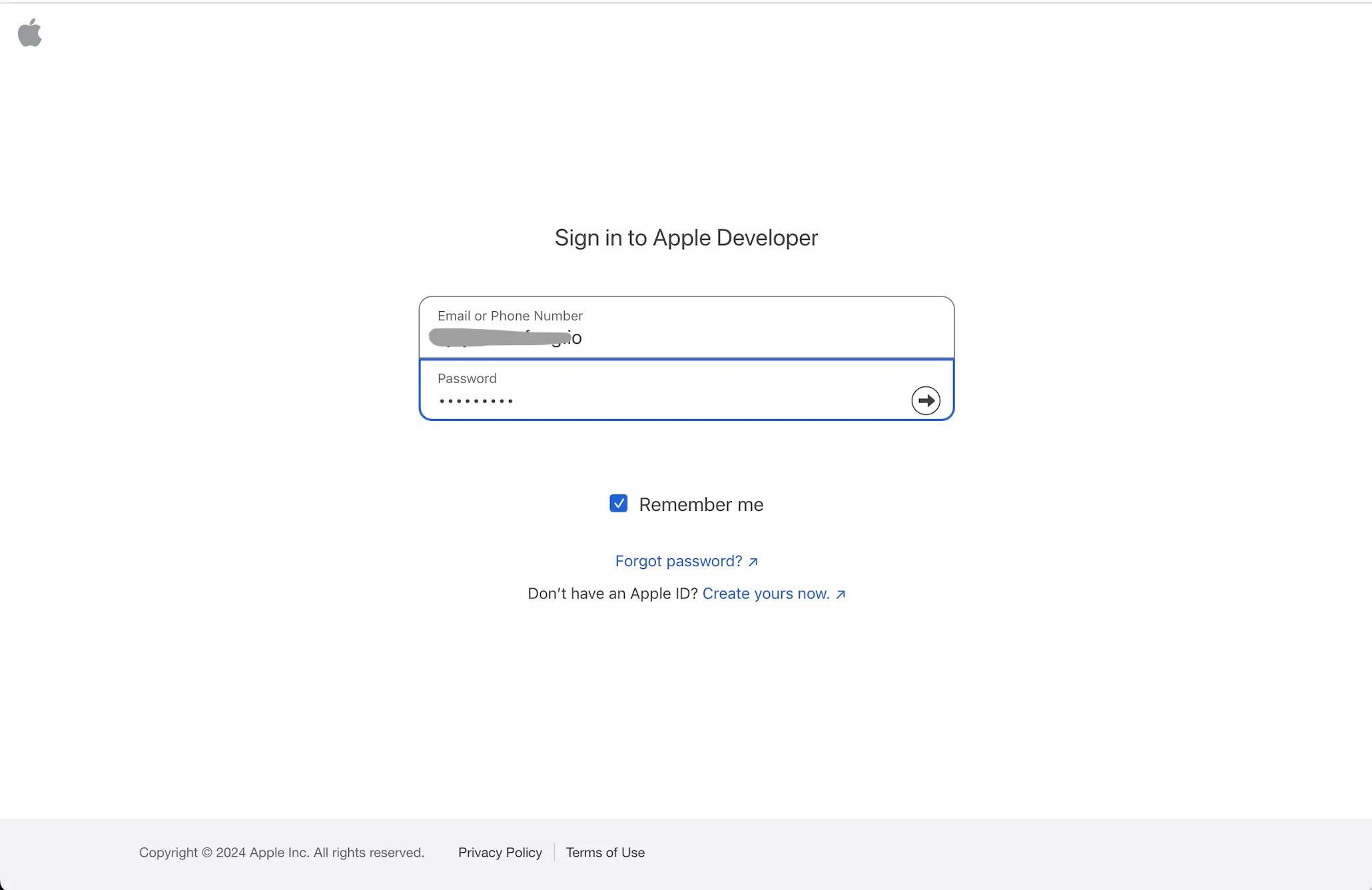 Apple Developer Website: Log In